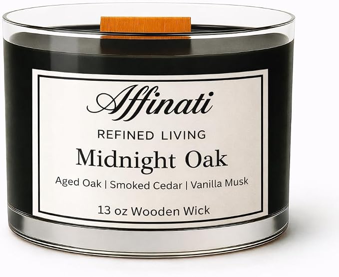 Affinati Midnight Oak Wooden Wick Candle – Premium Wooden Bowl, 13 oz