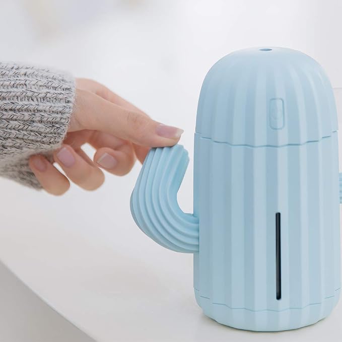 Mini Humidifier Single Room Humidifiers with Night Light Portable Cactus Air humidifier for for Yoga, Office, spa, Bedroom，Baby Room，Silica Gel Diffuser for tap Water only (Blue)