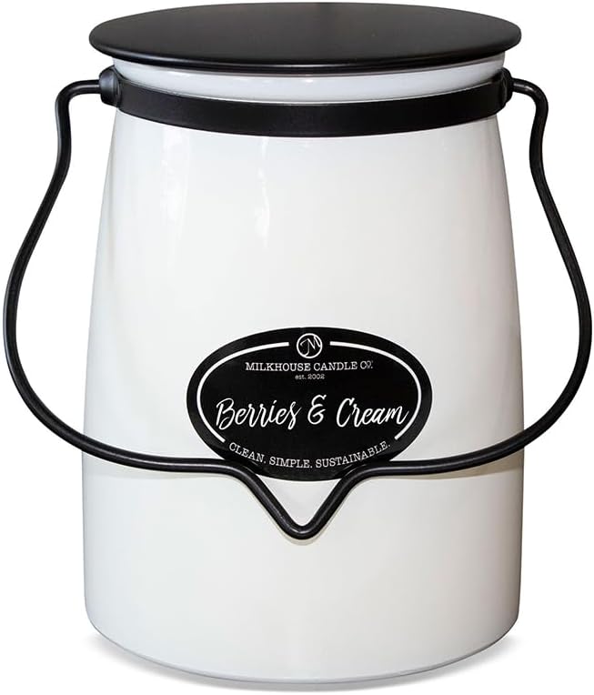 Milkhouse Candle Company Berries & Cream Soy Candle - Raspberry | Blueberry | Sugarcane Scented - 22 oz Butter Jar with Lid, 120+ Hour Burn Time, Made in the USA