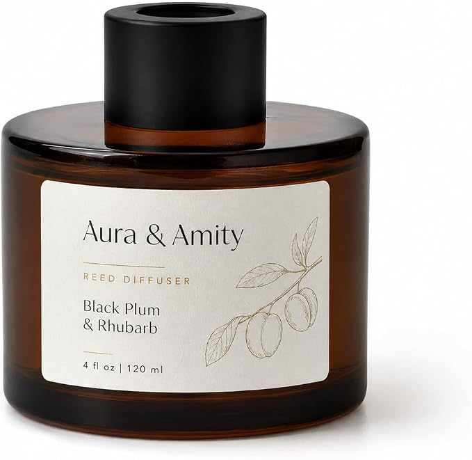 Aura & Amity Luxury Reed Diffuser - Black Plum & Rhubarb Summer Collection | Handpoured 4 fl oz Flameless Amber Bottle Home Fragrance Aromatherapy Diffuser with Natural Reeds