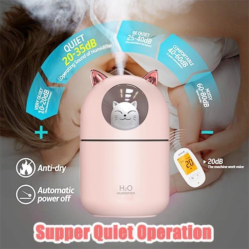 Portable Small Humidifier, YIMIKE 300ml Mini Cool Mist Humidifier with Night Light, USB Personal Humidifier Auto Shut-Off, Ultra-Quiet, 2 Spray Modes, Suitable for Home Office Travel (Pink)