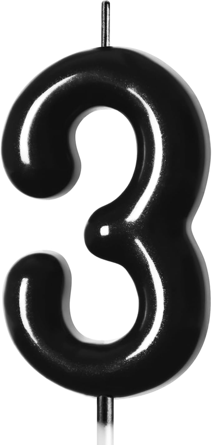 2.76“ Large Black 3 Birthday Candle, 3 Candle for 3rd Birthday Boy, Number 3 Candle for Boys Black Theme Birthday Party Decorations, Black Birthday Candles for Wednesday Birthday Decorations