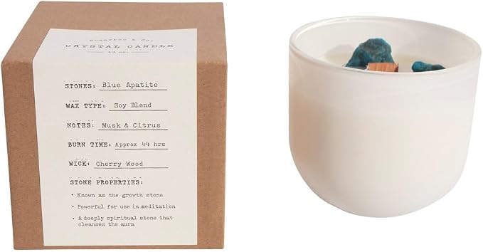 Sugarboo Blue Apatite Crystal Candle - Volume Two, 11oz Soy Blend, 44hr Burn Time, Citrus and Musk Scent, Cherry Woodwick Stem