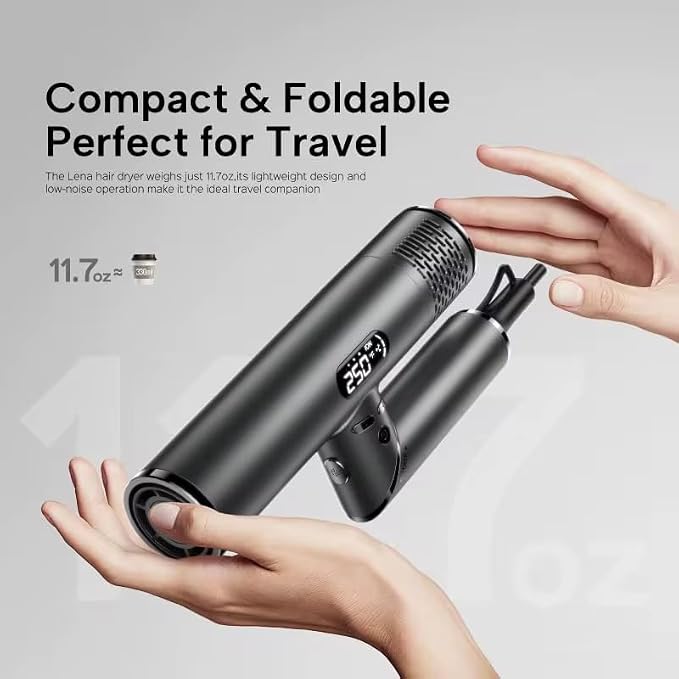 Dual Voltage Travel Hair Dryer with Magnetic Diffuser - 1600W High-Speed 500M lonic Blow Dryer for Women, Automatic Dual Voltage 110V-240V, Lightweight, Foldable, Heat Control, (Grey)