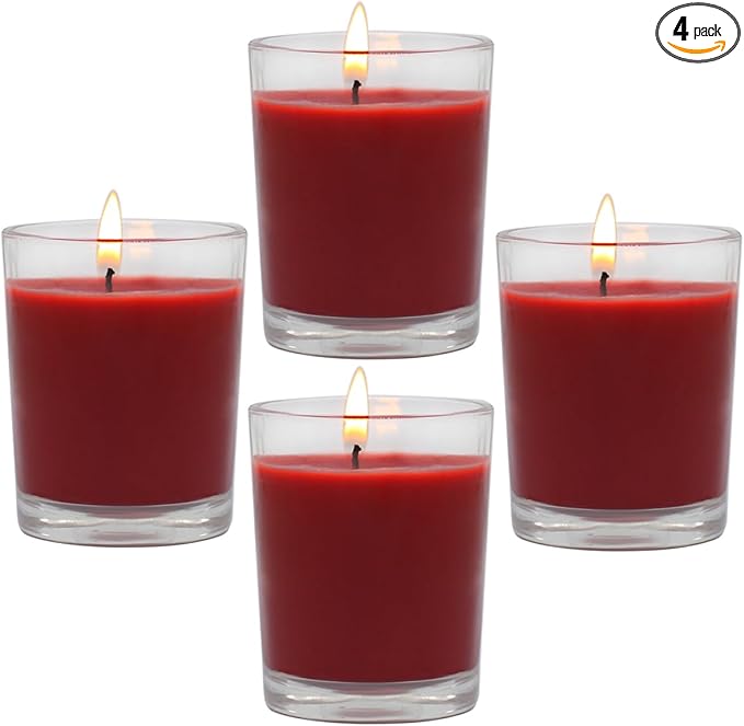 4 Packs Unscented Red Burgundy Colored Votive Candles in Glass, 2 Inch Natural Soy Wax Scentless Candles for Christmas Wedding Party Home Holiday Relaxation Spa, 12-15 Hour Burning Time