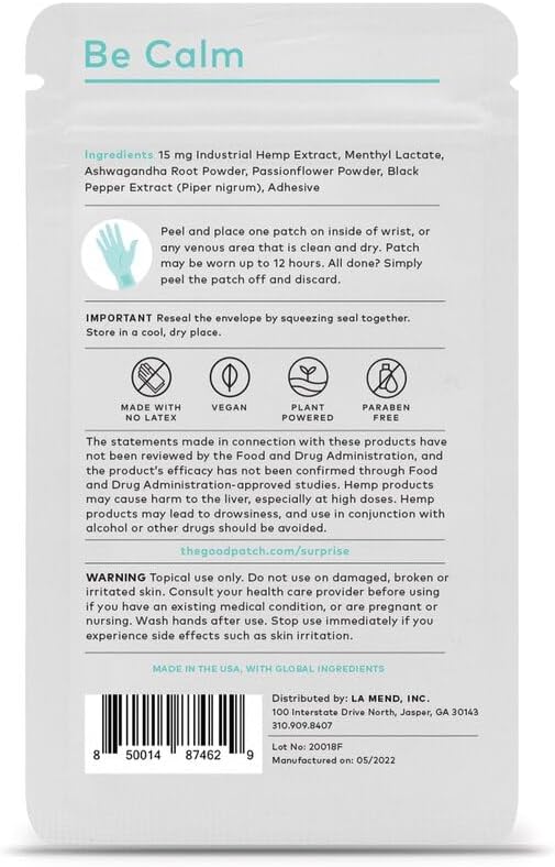 The Good Patch Be Calm Patch with Hemp, Supports Relaxation, Natural Patch with Hemp Extract, Ashwagandha Root, Passionflower, Plant Powered Wearable Wellness, Sustained Release (8 Total Patches)