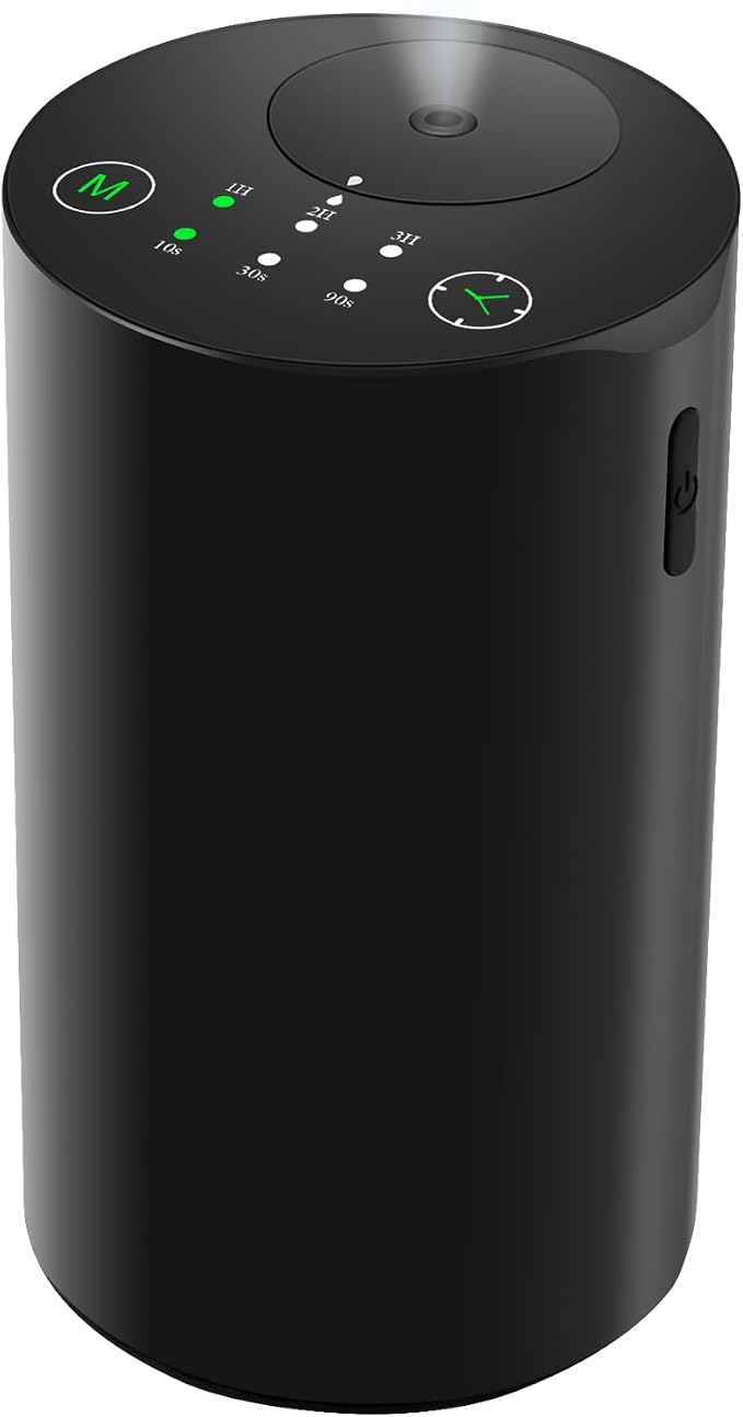 Waterless Diffuser Kit with 4 x 20mL Hotel Fragrance Oil (L-Black) | Aluminum alloy, battery powered, 7-color LED,4 timer and 3-level fog settings