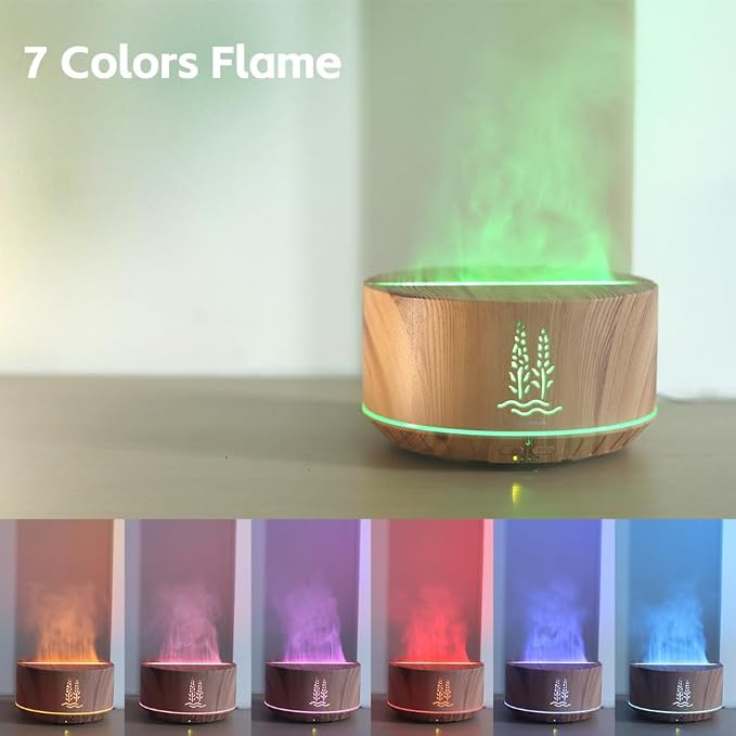 Ultrasonic Essential Oil Diffuser 500ml, Wood Grain Aromatherapy Diffuser with 7 Colors Flame Night Light, 32H Cool Mist for Home Bedroom Large Room Office