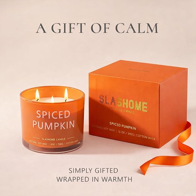 Pumpkin Spice Scented Candle, Luxury Large 3 Wick Soy Candle 12 Oz, 60+ Hour Long Lasting Clean Burn, Elegant Aromatherapy Home Decor, Housewarming & Birthday Gift for Men & Women
