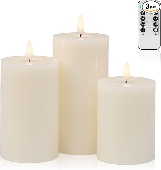 ANGELLOONG Flickering Flameless Candles with Remote, Real Wax Battery Operated Candles with Timer, Fake LED Pillar Candles for Wedding Holiday Farmhouse Home Decor, Ivory