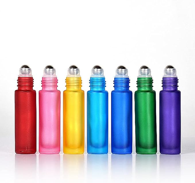 10 Pcs Frosted Glass Essential Oils Roll on Bottles,10ml Refillable Massage Roller Bottles Perfume Bottles with Stainless Steel Ball Wood Grain Cap Empty Travel Roller Essential Oils Vials(Purple)