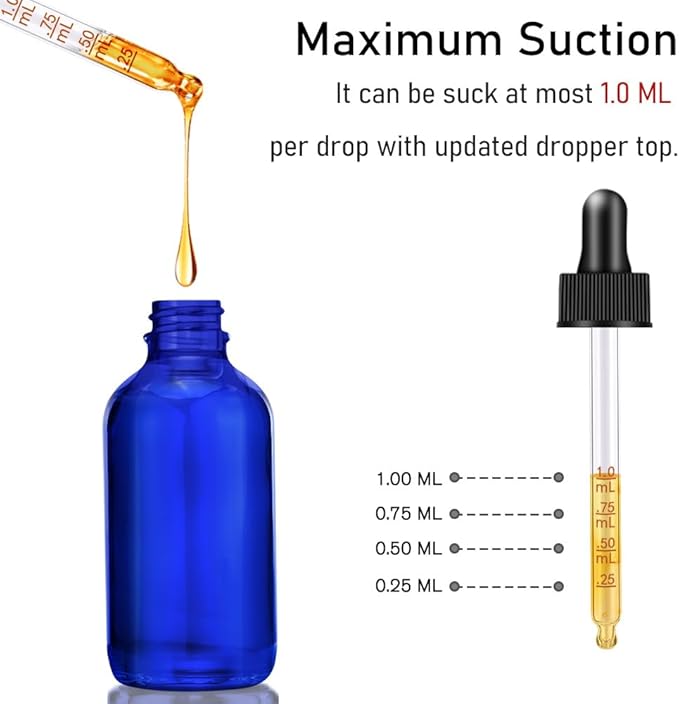 Bumobum Dropper Bottle 2 oz, 2 pack Blue Glass Eye Dropper Bottles with Labels and Funnel, Leakproof Tincture Bottles with Measured Dropper