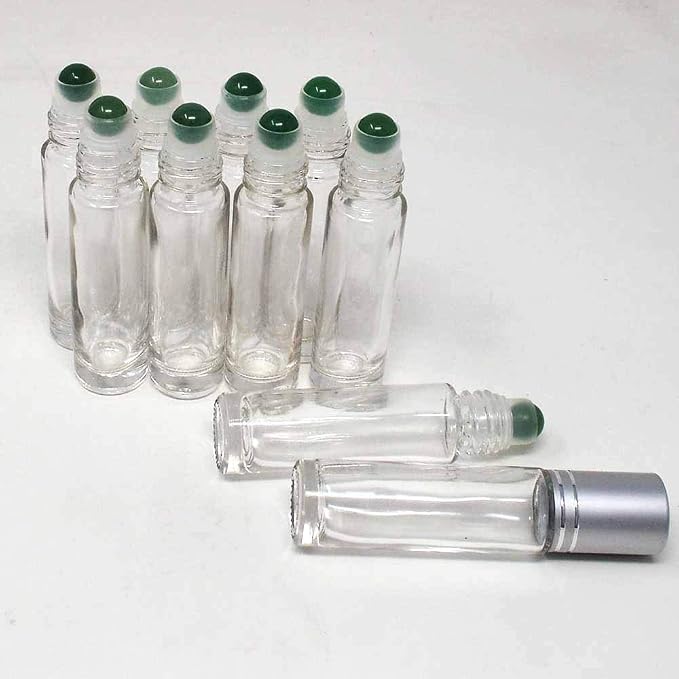 fengshuisale 10pcs Clear 10ml Empty Refillable Glass Bottles with Crystal Semiprecious Stones Essential Oil Gemstone Roller Ball Bottles with Silver Lid with Free Bag W3900 (Aventurine)
