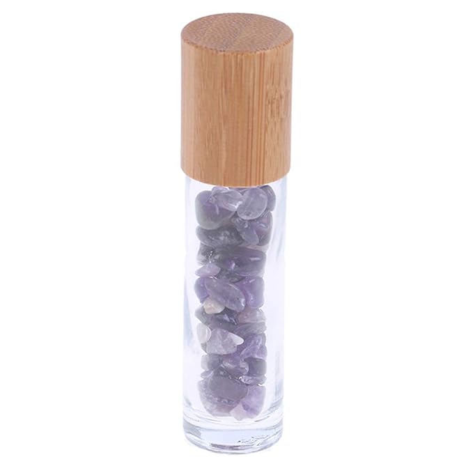 5 Pack 10ml Clear Roll On Bottles With Natural Chakra Crystal Chips for Essential Oils,Perfume Glass Roller Bottles Container Bamboo Lid,Crystal Roller,Pipette&Opener Included (Amethyst)