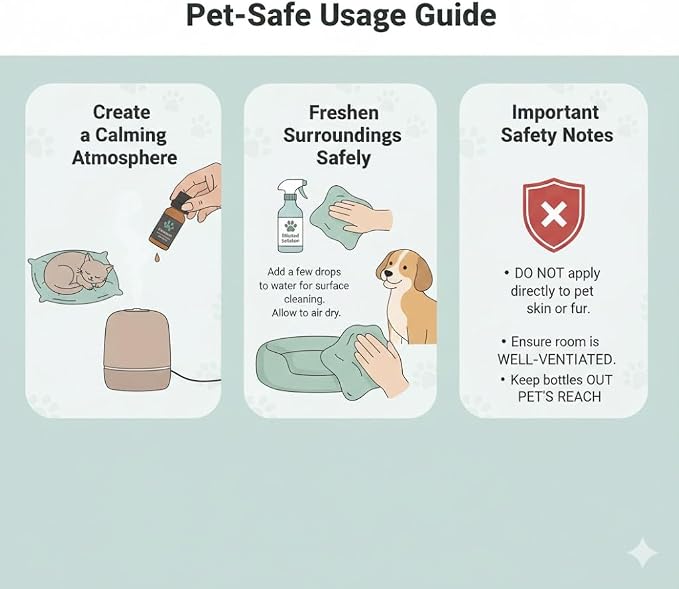 Pet-Friendly Essential Oil Set: Home Fragrance and Stress Relief. Safe for Dogs and Cats, Suitable for Aromatherapy Diffuser Bottles, Incense Sticks, and Candles, with six Interchangeable scents.