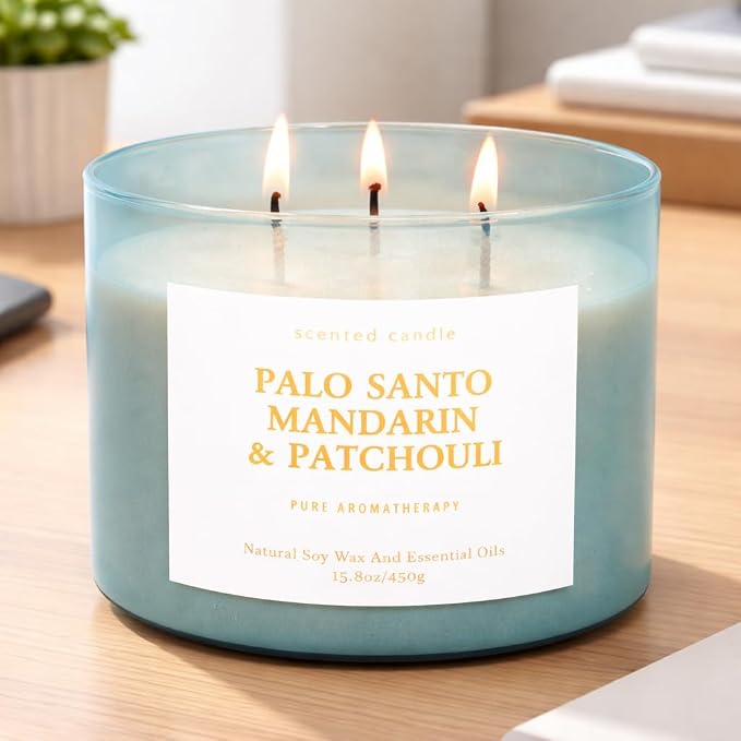 Palo Santo Mandarin Patchouli 3-Wick Soy Candle | 15.8 oz Calming Aromatherapy Candle for Home | Clean Burn Long Lasting | Warm Wood Citrus Scent | Stress Relief Candle Gift for Women & Men
