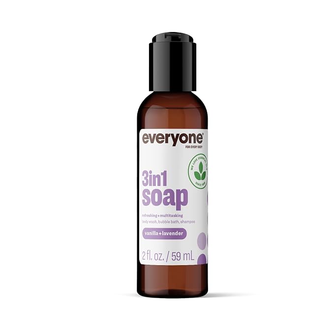 Everyone 3-in-1 Soap Body Wash, Bubble Bath, Shampoo, Travel Size, 2 Ounce (Pack of 12), Vanilla and Lavender, made with Essential Oils for Men and Women