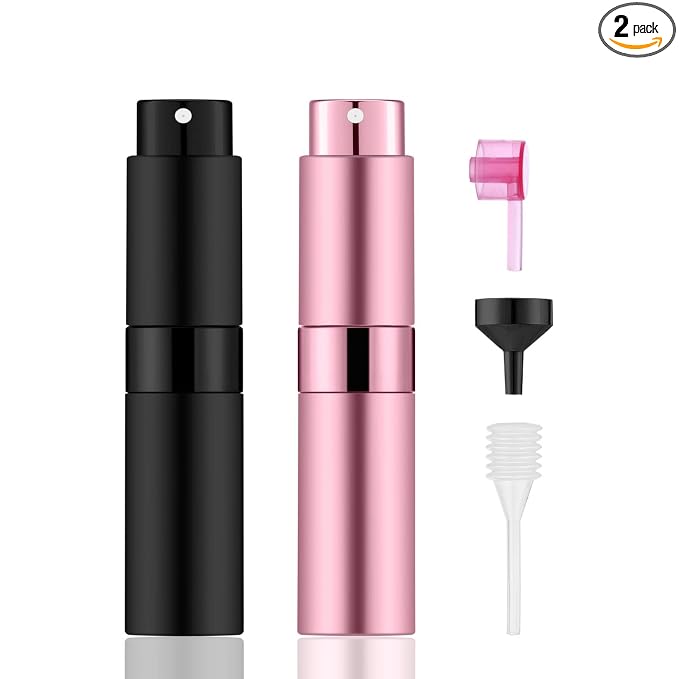 2 PCS/8ml Portable Mini Perfume Atomizer bottles, Empty Refillable Spray Bottle with 3 Types of Refill Tools, Pocket Travel Perfume Sample Bottles(Matte Black&Pink)