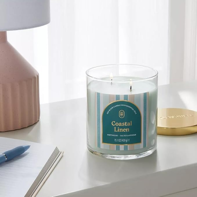 Threshold 2-Wick Lidded Glass Jar Candle (15.1oz, Costal Linen)