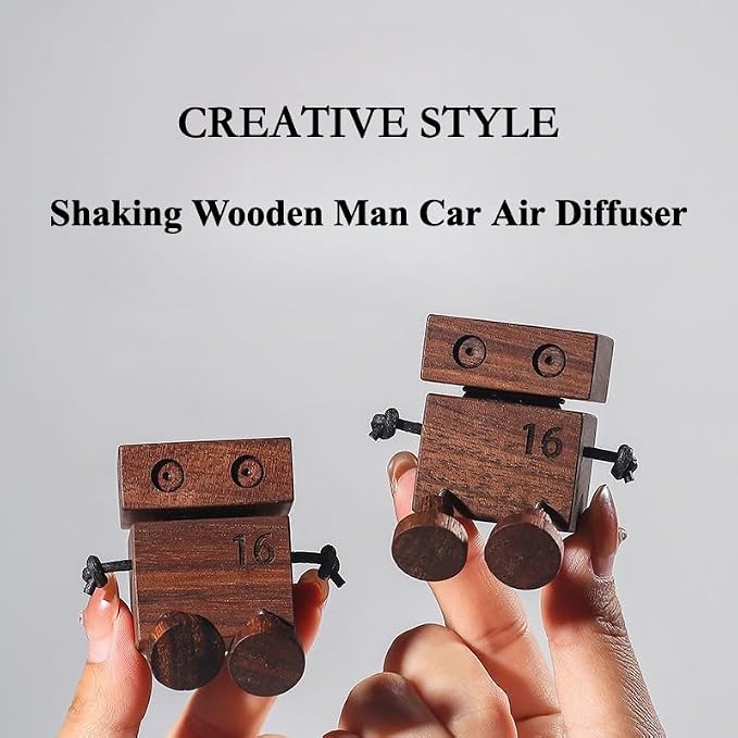 Car Air Diffuser - 2-in-1 Shaking Wooden Man Figurine & Refillable Aroma Vent Clip with 5ml Capacity + 5 Sticks, Walnut Wood Essential Oil Air Freshener Car Dashboard Accessories Decor Gift for Driver