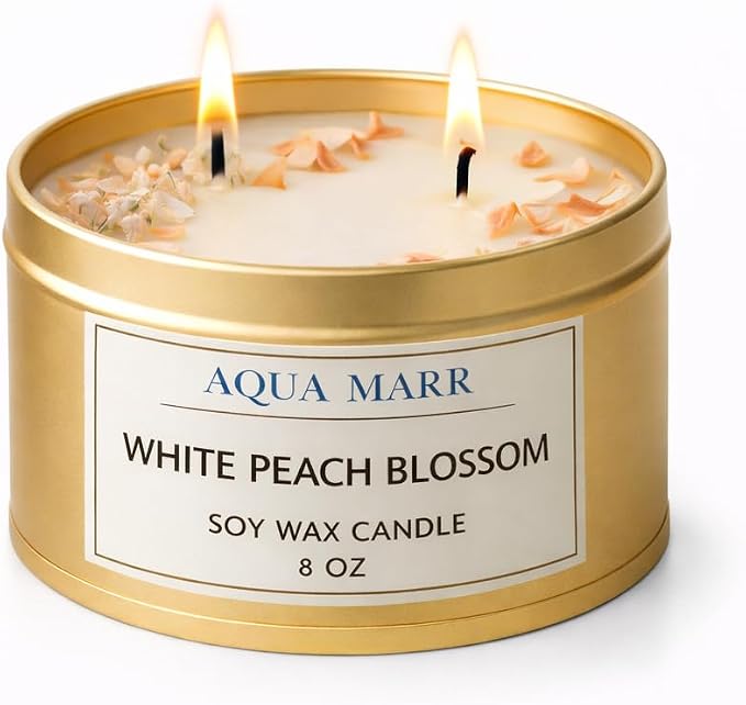 White Peach Blossom Soy Candle – 8 oz Floral Scented Candle, Hand-Poured Clean Burning Dual Wick Candle for Home, Spa & Relaxation – Aqua MARR