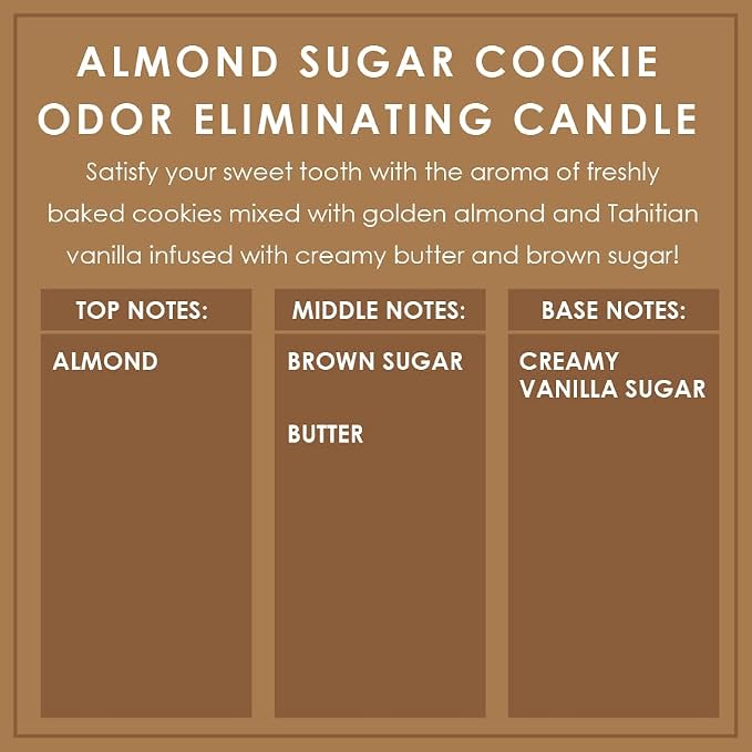 Almond Sugar Cookie Odor Eliminating Highly Fragranced Candle - Eliminates 95% of Pet, Smoke, Food, and Other Smells Quickly - Up to 80 Hour Burn time - 12 Ounce Premium Soy Blend