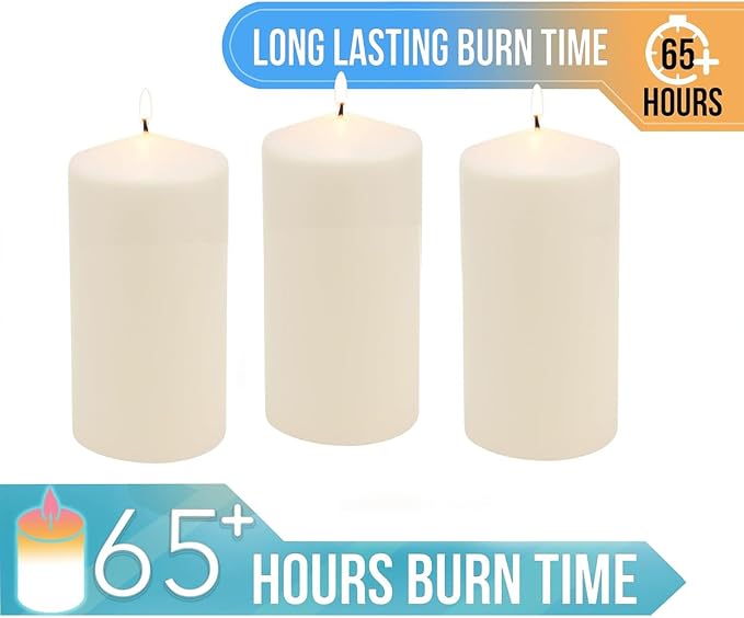 Stonebriar Unscented Pillar Candles – 65 Hour Burn Time, Long-Lasting Wax Candles for Weddings, Holidays, Home Décor & Special Events, Pack of 3, Ivory, 3" x 6"