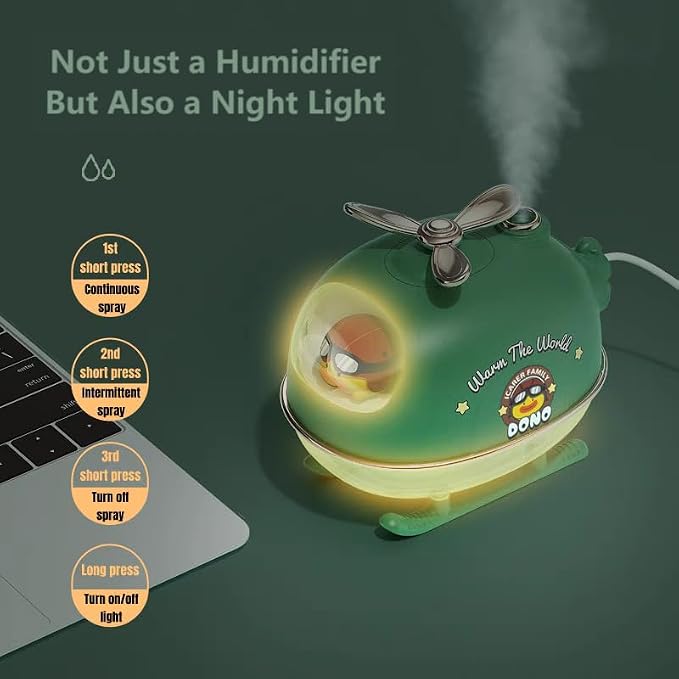Cute Duck Pilot Desktop Mini Humidifier with LED Night Light, 300ml Essential Oil Diffuser with Rotatable Propeller, Portable Cool Mist Humidifier for Bedroom, Office, Car, Travel (Pink)