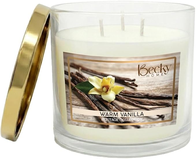 Warm Vanilla 3 Wick Candle, 14.5oz, Large, Traditional, White, Glass Jar, 4" H x 4" D, 60+ Hour Burn Time, Indoor Use, 1 Count