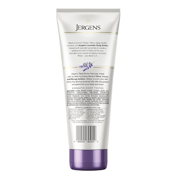 Jergens Lavender Body Butter Hand and Body Lotion, Moisturizer for Women, with Essential Oils for Indulgent Moisturization, 7 Oz (Pack of 5)