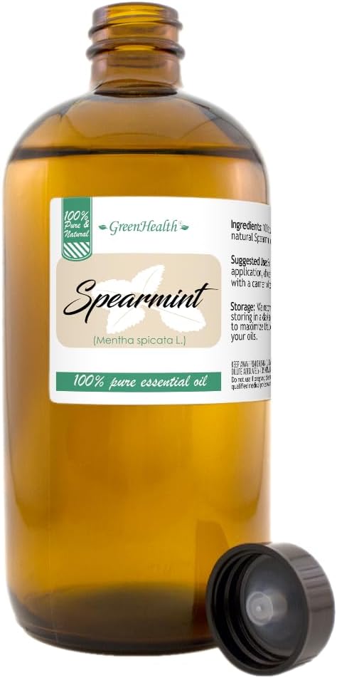 Spearmint Essential Oil – 16 fl oz (473 ml) – 100% Pure & Natural Mentha Spicata – Therapeutic Grade Bulk Essential Oil in Amber Glass Bottle with Dropper – GreenHealth