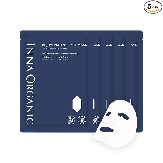INNA ORGANIC Organic Sheet Mask - Anti-aging & Tightening, EWG & COSMOS Certified (Pack of 5) | Frankincense Essential Oils Infused Skin Care | Luxury Clean Beauty