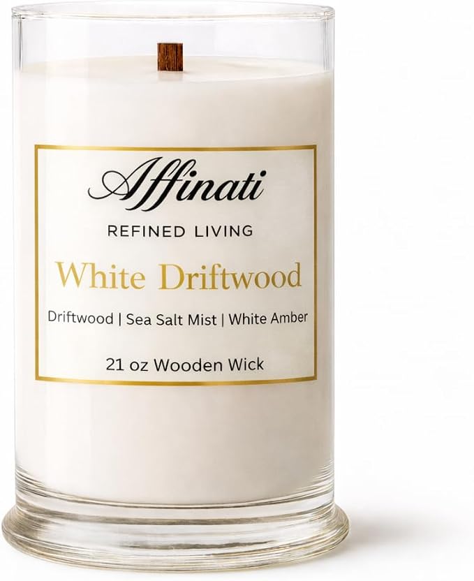 Affinati White Driftwood Large Scented Candle, 21 oz Wooden Wick Tumbler – Highly Fragrant Long Lasting Coastal Wood Fragrance, Soy Blend Candle