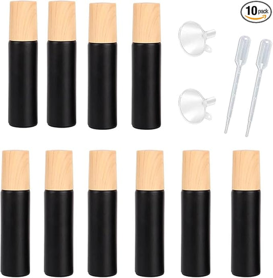 10 Pcs Frosted Glass Essential Oils Roll on Bottles,10ml Refillable Massage Roller Bottles Perfume Bottles with Stainless Steel Ball Wood Grain Cap Empty Travel Roller Essential Oils Vials(Black)