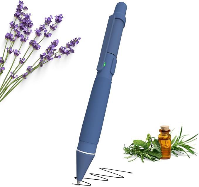 Aromatherapy Writing Pen Battery with Real Ink Tip and Hidden Diffuser Port, Soft Touch Ballpoint for Note Taking, Signature, and On-The-Go Relaxation, Rechargeable Wellness Gift for Office (Blue)