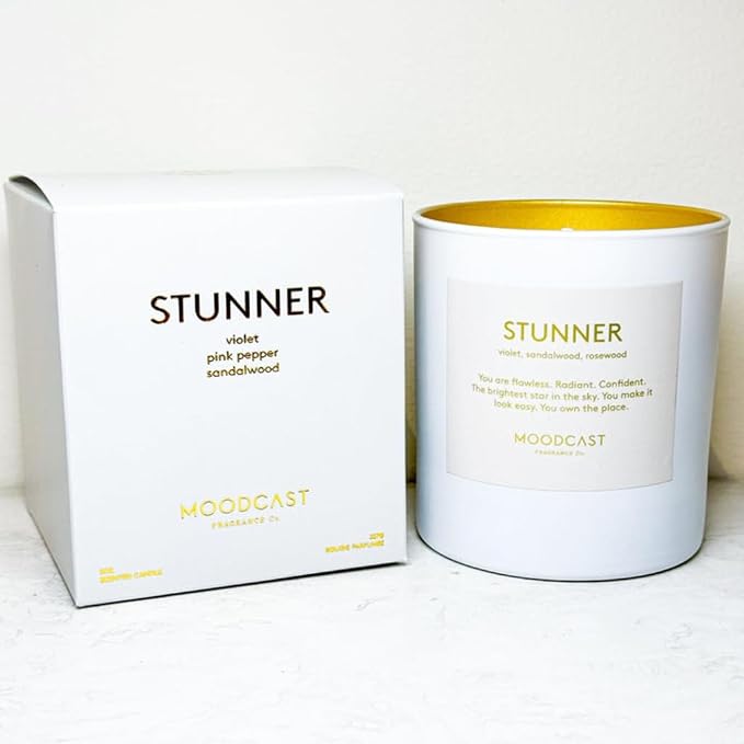 Moodcast Stunner Scented Candle - Aesthetic Candle for Home, Sandalwood, Violet & Rosewood, Clean Coco Wax Blend, Vegan, Paraben Free, 45-Hour Long Lasting Burn - 8oz