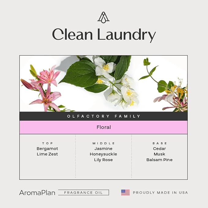 AromaPlan Scents, Clean Smelling Essential Oils, Clean Laundry Inspired by D. (5 Fl Oz /148ml)-Fresh Scent Essential Oil for Diffuser, USA Fragrance, Bigger Bottle, Bolder Aroma & Longer Lasting