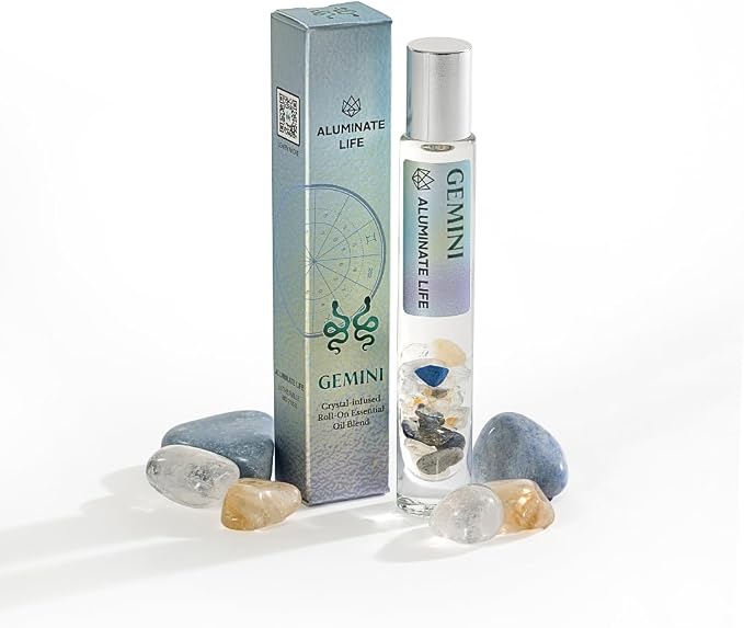 Gemini Zodiac Crystal-Infused Essential Oil Rollerball, Aromatherapy Blend - Clarity & Creativity, Premium Astrology Sign Birthday Gift, Natural Therapeutic Roller, 10 mL