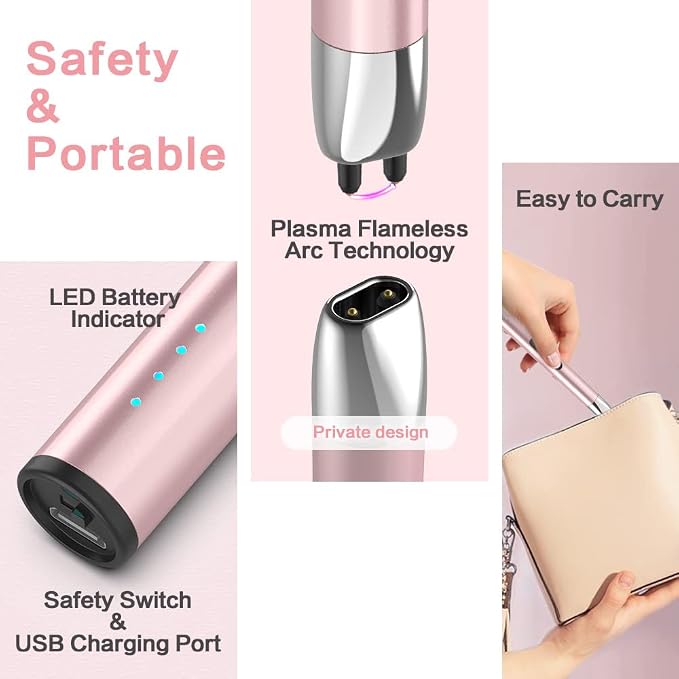 Candle Lighter Electric Updated with LED Battery Display Safety Switch, USB Rechargeable Lighter Flameless Windproof Arc Long Lighters for Candle Grill Fireworks Pink