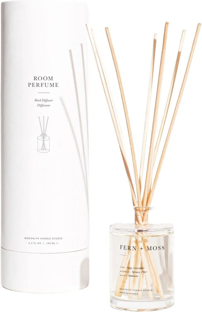 Brooklyn Candle Studio Reed Scent Diffuser - Fern & Moss - Relaxing Oil Diffuser, Sage, Lavender & Pine Fragrance, 8 Rattan Diffuser Reeds, Clean Ingredients - 4.4oz