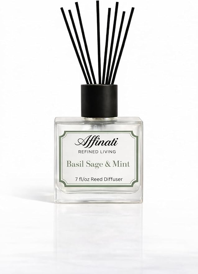 Affinati Basil, Sage & Mint Reed Diffuser – 7.0 fl oz Home Fragrance Diffuser with 8 Reeds – Long Lasting Flame Free Room Fragrance for Bedroom, Bathroom, Office & Living Room