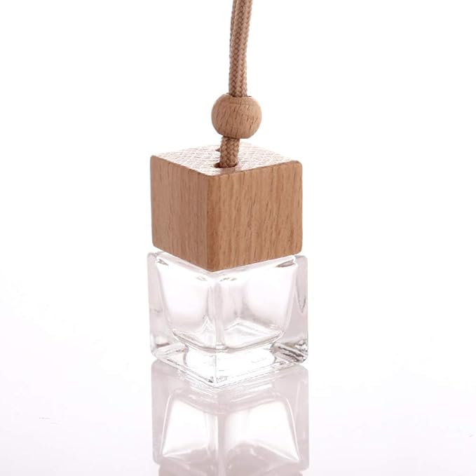 10 Pcs 8ml Car Air Freshener Ornament,Empty Clear Glass Essential Oil Diffuser Perfume Aromatherapy Pendant Vials with Wooden Caps & Hanging String-Free 1 Funnel&Dropper