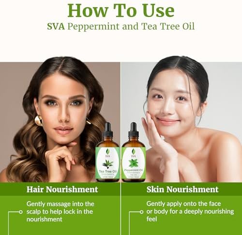 SVA Peppermint and Tea Tree Essential Oil 4 oz Bundle Super Saver Combo – Premium Grade Value Set for Hair Oiling, Scalp Massage, Hair Care, Skin Care and Body Massage