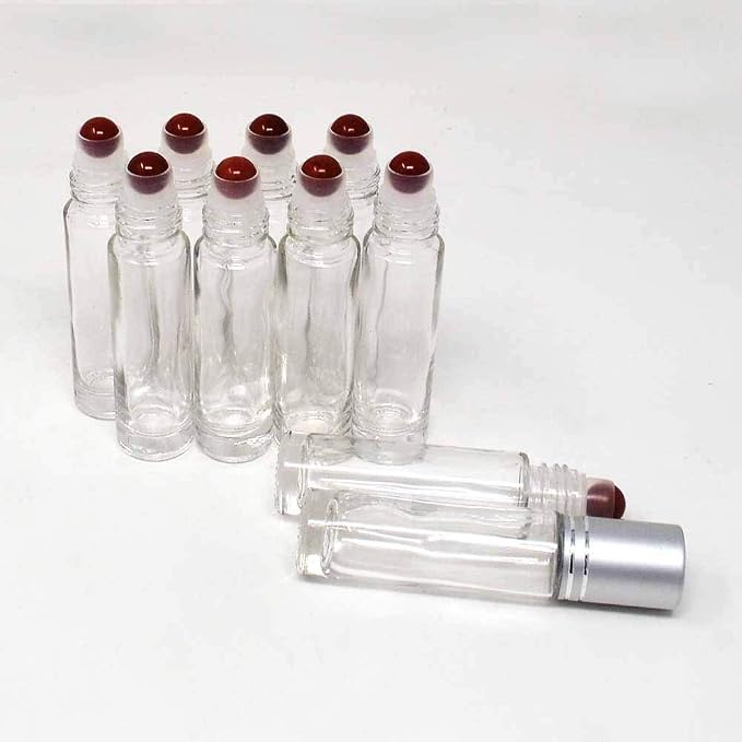 fengshuisale 10pcs Clear 10ml Empty Refillable Glass Bottles with Crystal Semiprecious Stones Essential Oil Gemstone Roller Ball Bottles with Silver Lid with Free Bag W3900 (Jasper)