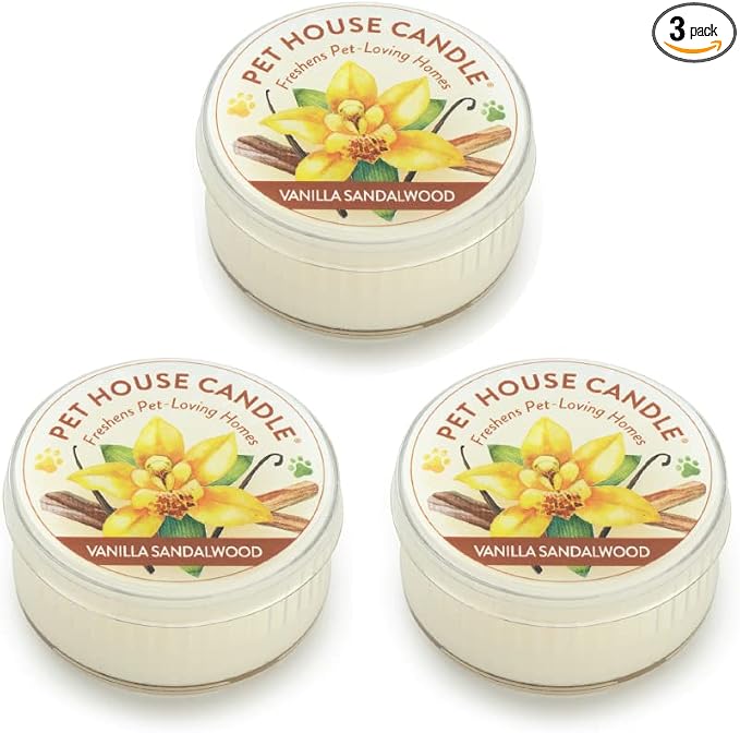 Pet House Mini Candles for Pet Odor Made with Natural Soy Wax, Plant Based, Dog and Cat Friendly Scented Candles, Vanilla Sandalwood Pack of 3