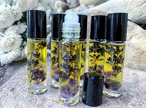 Lavender Roll On,Lavender Flowers & Amethyst Chips, Essential Oil blend, Soothing Roll On,Handmade, Pure,Jojoba Oil, Lavender Oil