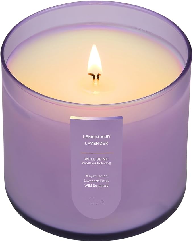 CUE Scented Candle |MoodBoost Essential Oils |OpenWick Clean Burning Candle | Soy Coconut Wax Blend | Candle for Home | Self-Care Gift for Women |Extended Burn Time (14oz, Lemon and Lavender)