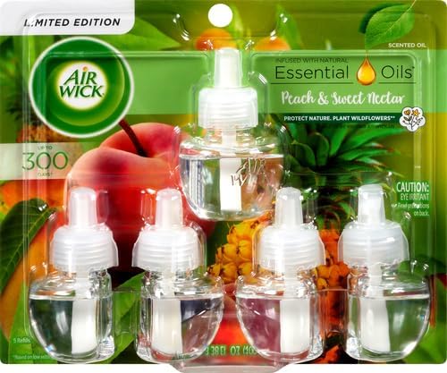 Air Wick Plug in Scented Oil Refill, 5 Ct, Fresh Peach and Sweet Nectar, Air Freshener, Essential Oils, Spring Collection
