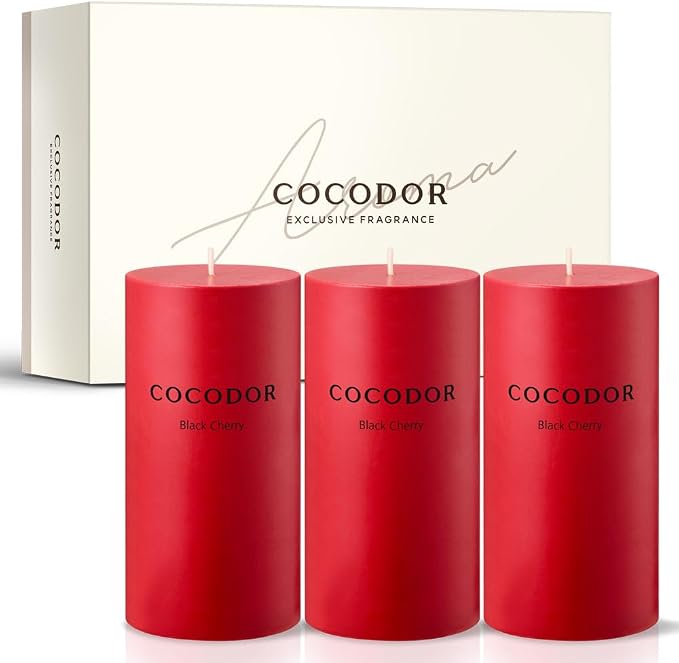 COCODOR Scented Pillar Candles, 3x6 Inch, Black Cherry, Candle Set of 3, Long Buring 85 Hours, Candles for Weddings, Party, Dinner, Home Decor.