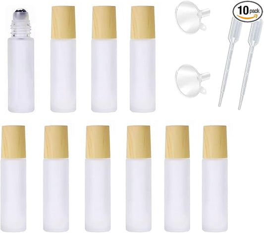 10 Pcs Frosted Glass Essential Oils Roll on Bottles,10ml Refillable Massage Roller Bottles Perfume Bottles with Stainless Steel Ball Wood Grain Cap Empty Travel Roller Essential Oils Vials(White)